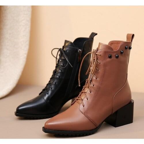 2019 Winter High Heels Women Ankle Boots Pointed Toe Footwear Genuine Leather Female Chelsea Boot Fashion Shoes Woman