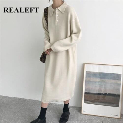 REALEFT Autum Winter Loose Knitting Dresses 2021 New Long Sleeve Polo Collar Elegant Oversize Solid Sweater Long Dresses Female