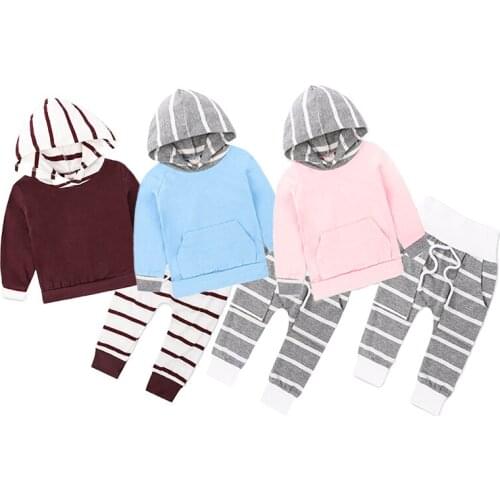Newborn Baby Spring Autumn Hoodies Sweatwear Clothes Toddler Cotton Striped Patchwork Sets Infant Boys Girls Unisex Outfits 2Pcs