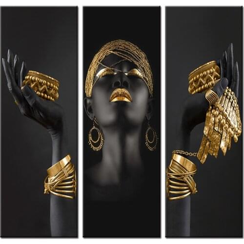 Large Black Woman with Golden Jewelry on the Hands Canvas Paintings on the Wall Art Posters And Prints African Woman Art Picture