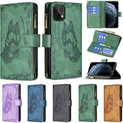 For iPhone 13 12 11 Pro Max XS XR 7 8 Plus butterfly Vintage PU Leather Flip Case zipper Wallet Card Slot Magnetic Stand Cover