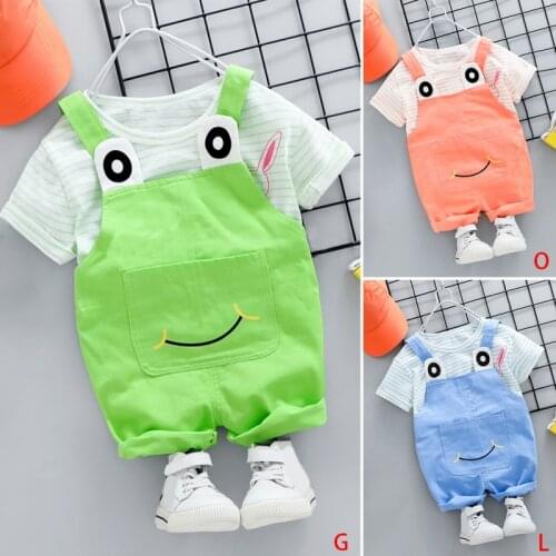 2pcs Childrens Clothes Striped Rabbit Short-sleeved T-shirt + Overalls Suit Baby Clothes