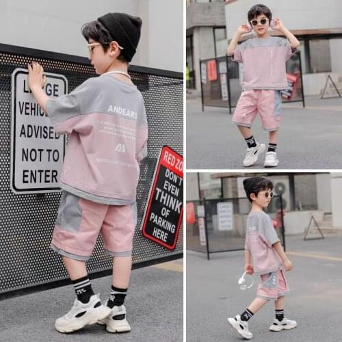 Children Clothing Boys Summer Clothing Set 2021 New Fashion O-neck Short Sleeve Patchwork Letters Two Pieces Clothing Suit