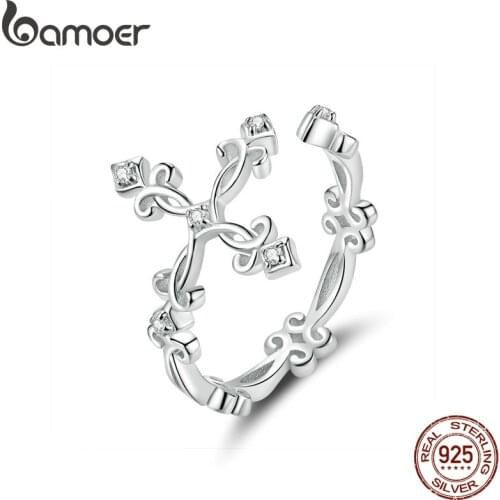 Bamoer Retro Pattern Cross Adjustable Finger Ring for Women 925 Sterling Silver Vintage Flower Rings Silver Bijoux BSR041