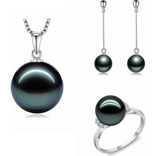 S925 Sterling silver 14mm big Perfect round Tahiti style pearl necklace Earrings ring set Fashion jewelry For women