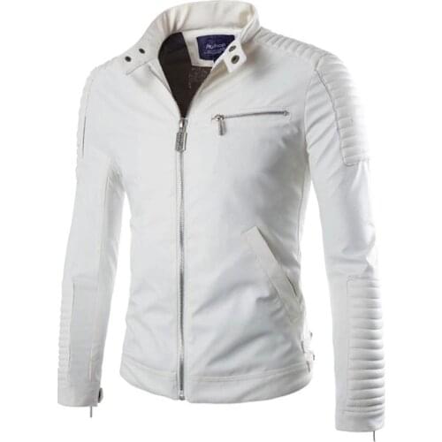 White Leather Jacket Men Polyester Lined PU Motorcycle Suede Jackets Male Slim Fit Mens Quilted Stand Collar Biker Coats