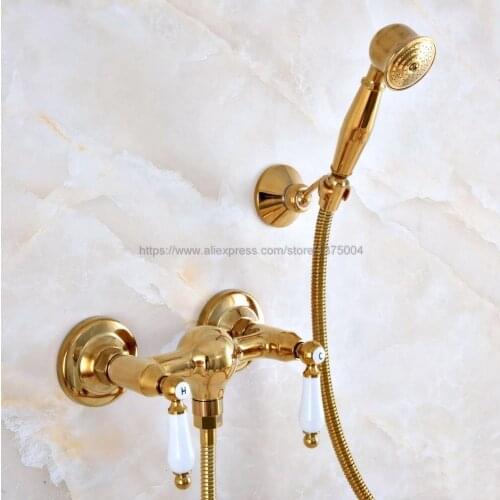 Gold Color Brass Wall Mounted Bathroom Basin Mixer Tap With Hand Shower Head & Shower Faucet Nna984