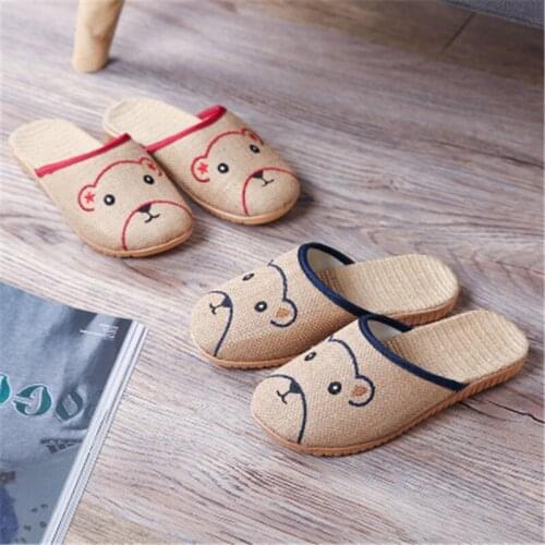 Cute bear Flax Slippers 2021 New Summer Shoes For boys girls Breathable Indoor Home Slides Ladies Linen Flip Flops