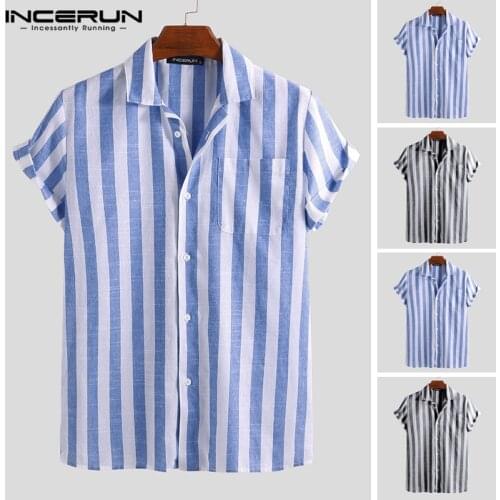 INCERUN 2021 Fashion Casual Shirt Men Striped Short Sleeve Lapel Neck Breathable Blouse Camisa Masculina Brand Shirts Men S-5XL