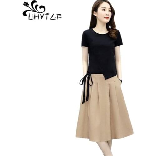 UHYTGF Fashion Womens Summer Dress Short-Sleeved Cotton Linen Pullover Casual Female Two Piece Set Elegant Girl Skirt Suits 1430