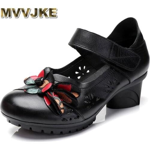 MVVJKE 2018 new Genuine Leather shoes in the summer with the national wind middle-aged mother sandals Casual hole shoes