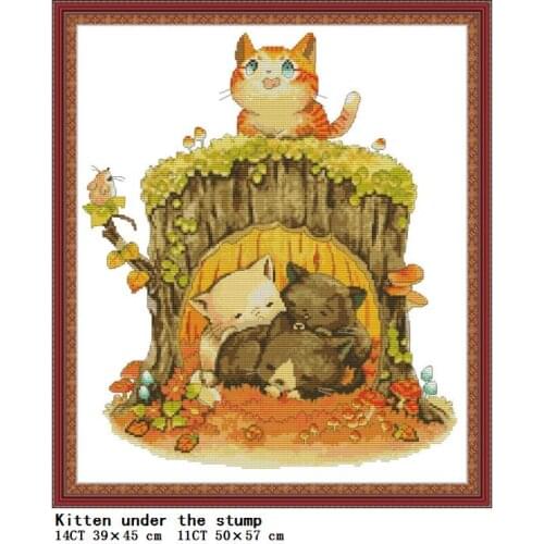 Cat under the tree stump Cross stitch kit cartoon animal pattern 14CT 11CT count printed fabric handmade embroidery needlework
