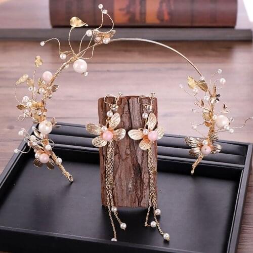 New Crown Korean Style Butterfly Crown and Earrings Wedding Dress Hair Accessories Bridal Ornaments Hoop LB