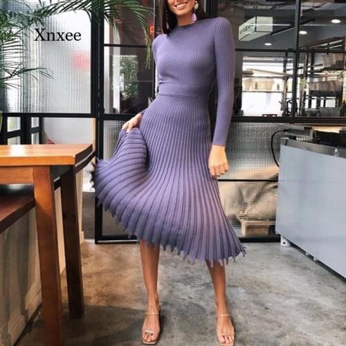 Autumn and Winter Womens Knitted Long Skirt Solid Color Full-Sleeve Pleated Slim Retro Dress Elegant Sweater Dress