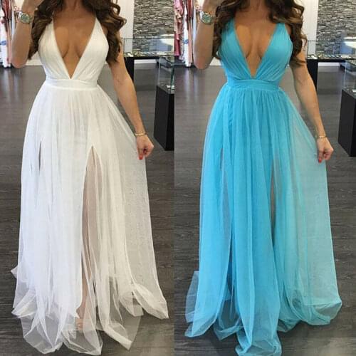 Women Summer Sexy Solid V-Neck Tulle Tutu Long Maxi Dress Sleeveless Backless Evening Party Beach Sundress White / Light Blue