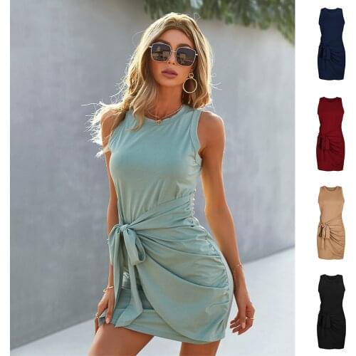 Belt Dresses Summer Womens Dress 2021 Sleeveless Female Clothing Vest Skirt Traf Slim Zevity Waist Closed Y2k Hip Wrapped Boho