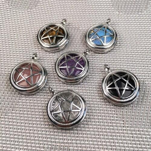 Natural Semi-precious Stone Pendant Round Pentagonal Alloy Cage Charms For Jewelry Making DIY Necklace Accessories Gift
