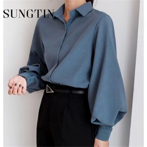Sungtin Elegant Office Lady Puff Sleeve Blouse Shirt Women Autumn Spring Soft Vintage Female OL Shirts Casual Loose Black White