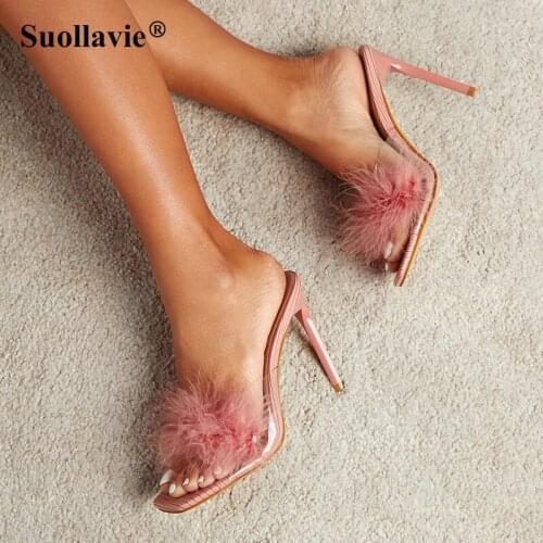 Suollavie Summer New Peep Toe Mules Women Slippers PVC Transparent Feather High Heels Fur Ladies Rose Red Sandals Size 35-42