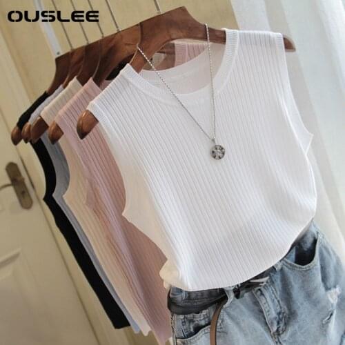 OUSLEE 2021 Summer O Neck Knitted Tank Top Women Sleeveless Vest Tops Female Fashion Casual Solid Color Knitting Gilet Top Femme