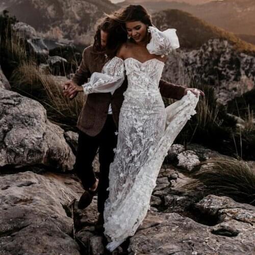 Bohemia Detachable Long Sleeve Mermaid Wedding Dresses Sweetheart 3D-Floral Appliques Beach Bridal Gowns Country robes de mariée