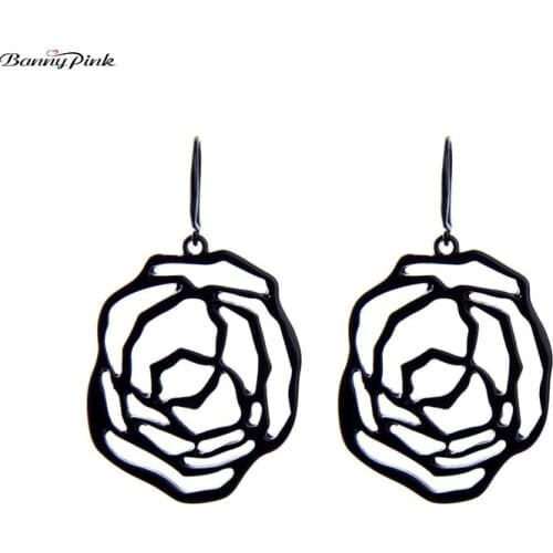 Banny Pink Personality Hollow Black Flower Dangle Earrings For Women Simple Metal Geometric Drop Earrings Birthday Gift Brincos