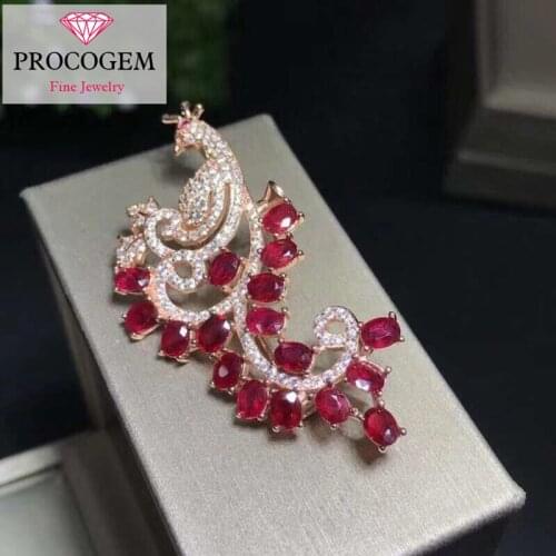 Procogem Natural pigeons-blood Red Ruby Brooches for Female Party phoenix shape Genuine gemstones fine Jewelry S925 Silver #332
