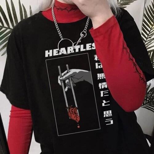 Female Heartless Japanese punk Gothic T-Shirt Women Kawaii Grunge Aesthetic Vaporwave Edgy Fashion Harajuku Streetwear Cute Tops