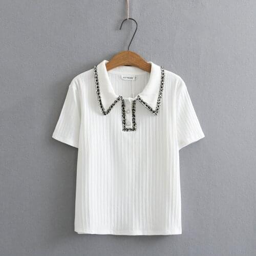 Plus size Lapel lace pit strip short sleeves women tshirts 2021 summer casual black white ladies t shirts female tops t-shirts