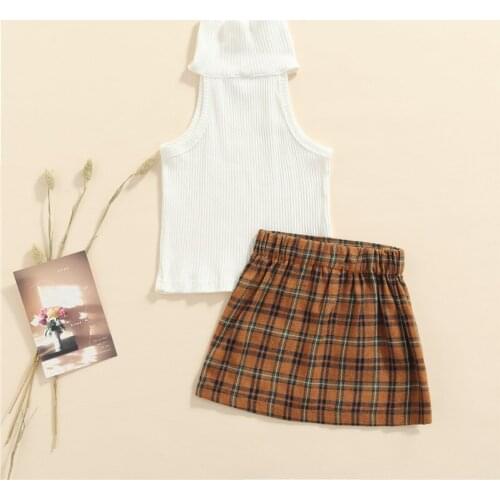 1-5 Years Toddler Outfit Solid White Ribbed High-Neck Sleeveless Crop Tops Plaid Short Skirt For Girls Spring Fall Set
