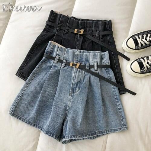 EKUWA 2021 Chic Fashion Women Short Denim Pants Sexy Wide Leg Pants Korean Pockets High Waisted Jeans Women Jeans Loose Style