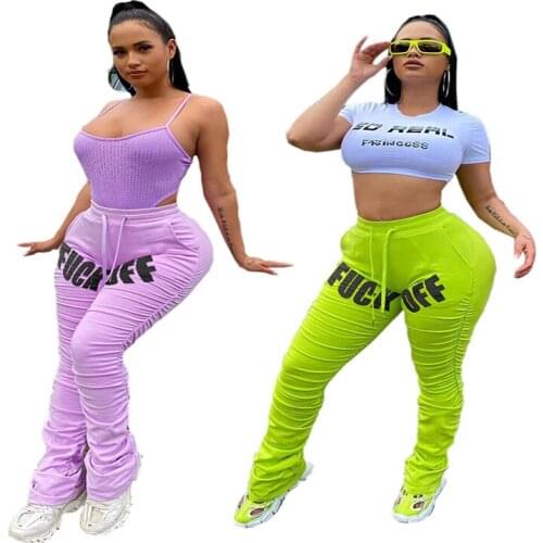 Funny Letters Words Stacked Sweatpants Leggings for Women Female Drawstring Flare Pleated Pants Joggers Trousers Sportswear