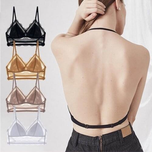 Women Low Back Transparent Bras Sexy Lace Bra Deep U Backless Bralette Triangular Soft Seamless Underwear Biustonosz Tank Tops
