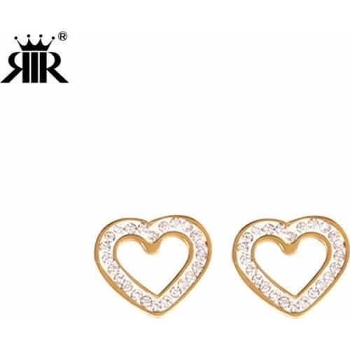 RIR Stainless Steel Gold Hollow Crystal Heart Stud Earrings Temperament Female Jewellery Earrings Valentines Day Gift For Her