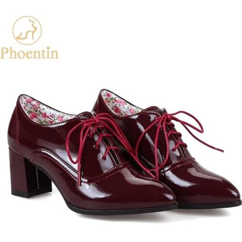 Phoentin wine red lace up women pumps heel shoes pointed toe office concise women heels flower insole shoes large size 48 FT287