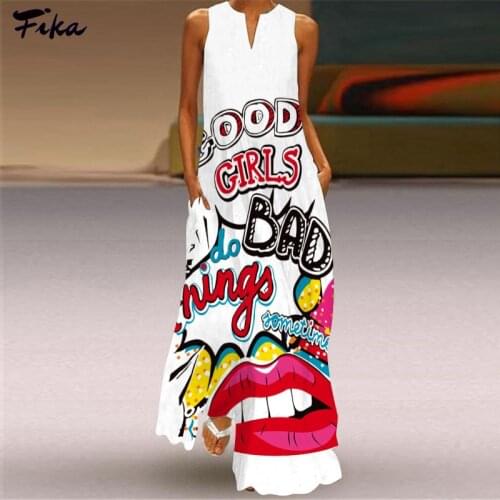 Sleeveless Women V Neck Mouth Printed Dresses Long Dress 2021 Casual Beach Summer Maxi Dress Elegant Dress Vestido Feminino