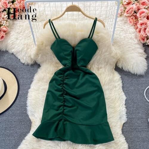 HangCode Sexy Night Club Dress Women 2021 Sleeveless Backless Ruched Spaghetti Strap Dress Lady Elegant Ruffled Mini Bodycon