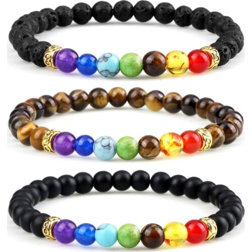 6mm 7 Chakra Reiki Beads Bracelets For Women Men Natural Tiger Eye Stone Lava Energy Bracelet Yoga Healing Buddha Bangle Jewelry