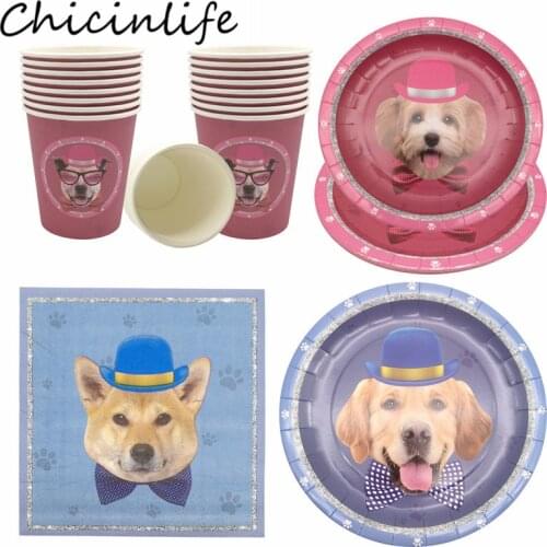 Chicinlife Cute Dog Paper Plates Cups Napkins Disposable Tableware Sets Dog Theme Birthday Party Baby Shower Pet Party Supplies