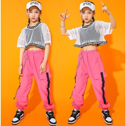 Kids Street Dance Hip Hop Dance Outfits For Girls Jazz Performance Suit Short Sleeve Net Tops Casual Pink Pants Rave Wear BL6280