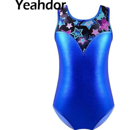 Kids Girls Ballet Dance Leotard Sleeveless Print Diamonds Adorned Patchwork Dancewear Jumpsuit Bodysuit Performance Costume