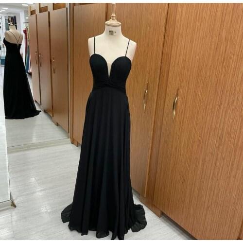 Elegant Long Chiffon Black V-Neck Bridesmaid Dresses Spaghetti Floor Length Criss Cross Back Robes de Soirée for Women