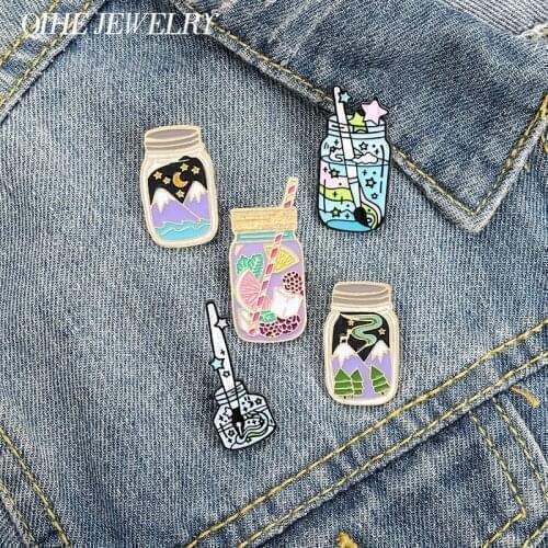 QIHE Jewelry Paint Bottle Enamel Pins Colorful Dreams Fruit Juice Brooches Badges Fashion Cute Pin Gifts for Friends Wholesale
