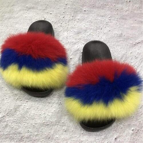 Summer Female Fox Fur Flip Flops Childrens/Kids Plush Slides Wholesale Womens Furry Slippers Ladies Amazing Fluffy Fur Sandals
