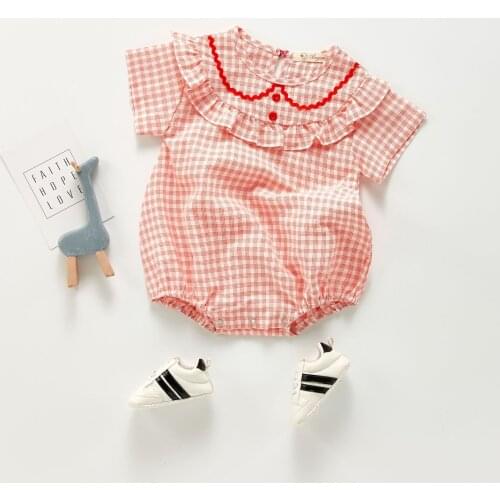 Summer New Baby Girls Plaid Short Sleeve Romper