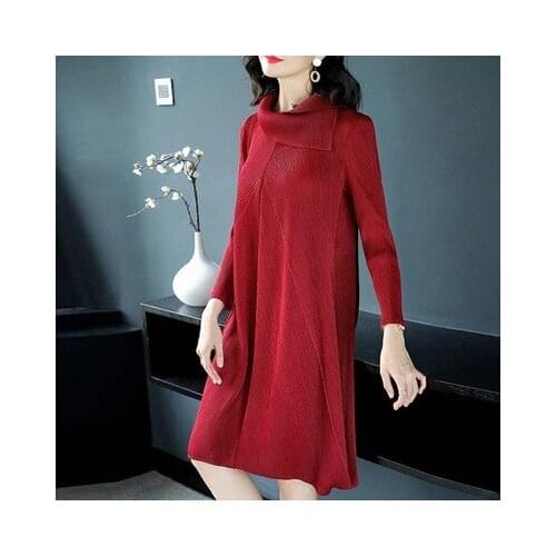 HOT SELLING Miyake office lady dress wrist asymmetrical collar fold bud dress fashion IN STOCK