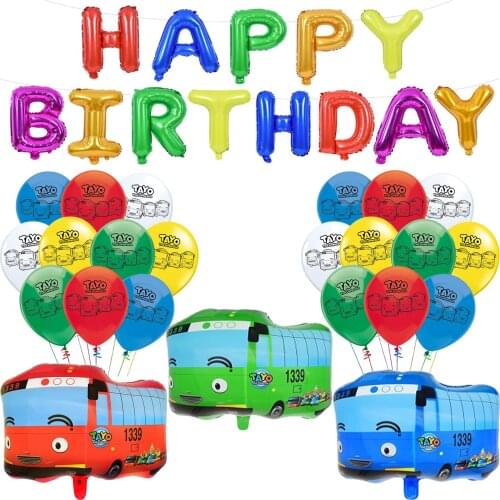 1set Cartoon Tayo Bus Plane Car ShipTruck Cars Train Stars Red Blue Foil Balloon Globos Kid Boy Happy Birthday Party Decorations
