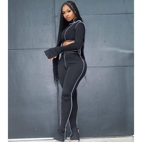 One shoulder solid 2 piece outfits flare sleeve asymmetry tops+sporty legging matching sets skinny female streetwear