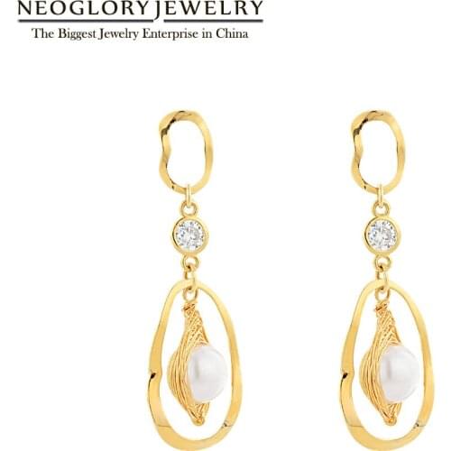 Neoglory Jewelry Handmade Irregular Long Dangle Earrings For Women Charm Golden Zircon & Pearl Jewelry For Party New Hot Gift
