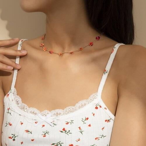 Korea Lovely Red Flowers Charm Choker Necklace for Women Dainty Aesthetic Boho Statement Collier Femme Fashion Summer Jewelry